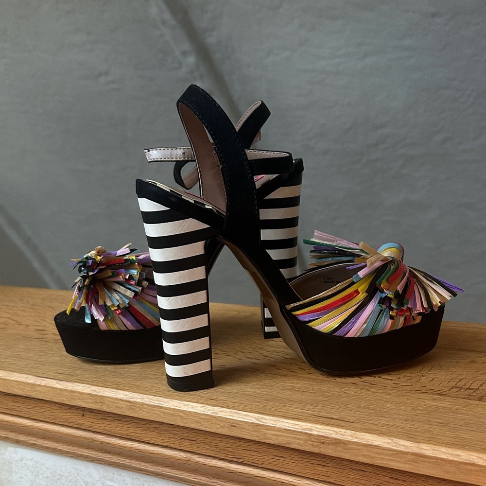 Betsey Johnson Black and Multicolor Striped Heels - Picture 2 of 2